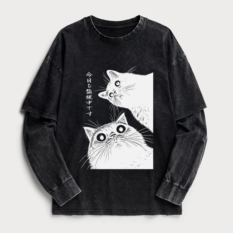 Tokyo-Tiger The Cat Is Watching Today Washed Double Layer T-Shirt