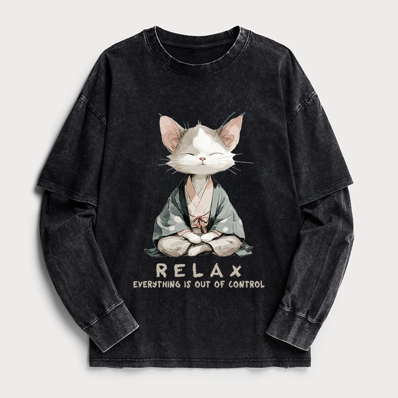 Tokyo-Tiger Zen Cat Relaxation，Everything's Out Of Control Washed Double Layer T-Shirt