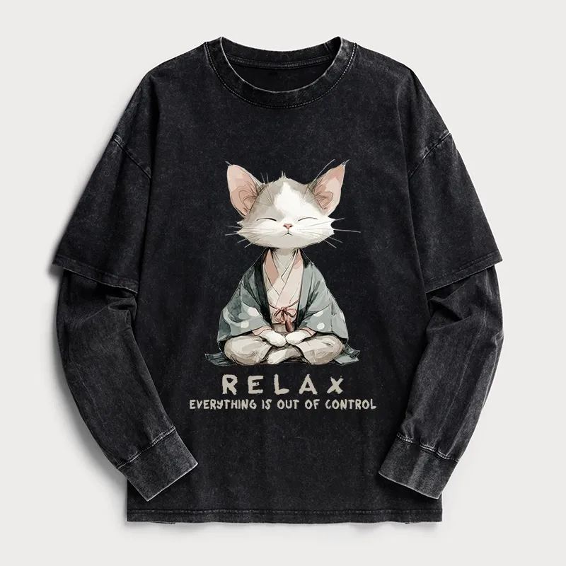 Tokyo-Tiger Zen Cat Relaxation，Everything's Out Of Control Washed Double Layer T-Shirt