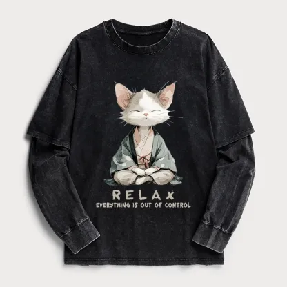 Tokyo-Tiger Zen Cat Relaxation，Everything's Out Of Control Washed Double Layer T-Shirt