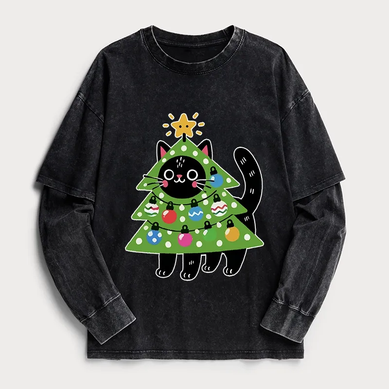 Tokyo-Tiger Christmas Tree Cat Washed Double Layer T-Shirt