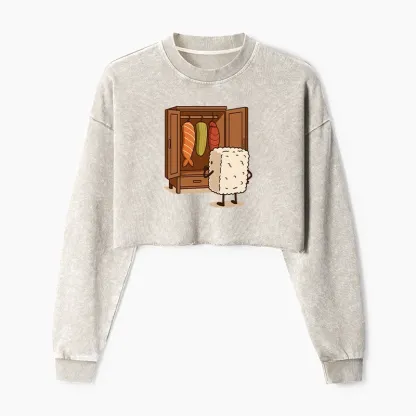 Tokyo-Tiger Sushi Pick Out Clothes Washed Crop Sweatshirt