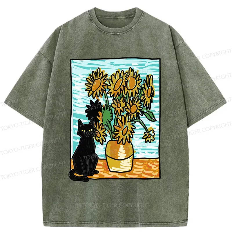 Tokyo-Tiger Black Cat And Sunflower Washed T-Shirt