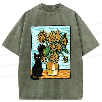 Tokyo-Tiger Black Cat And Sunflower Washed T-Shirt