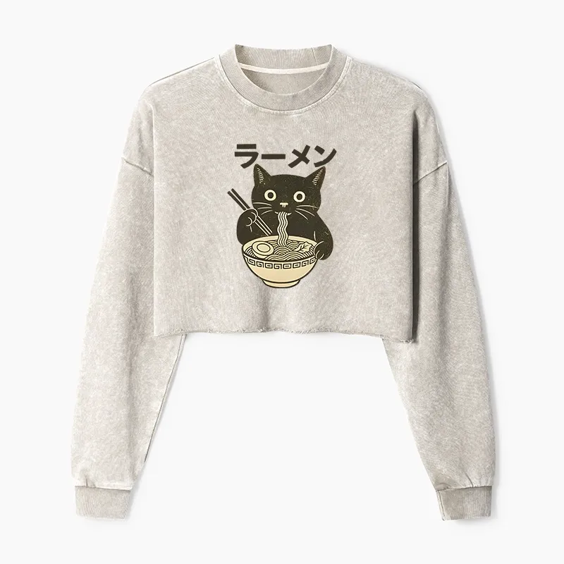 Tokyo-Tiger Simple Black Cat Eating Ramen Washed Crop Sweatshirt