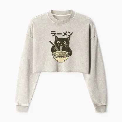 Tokyo-Tiger Simple Black Cat Eating Ramen Washed Crop Sweatshirt