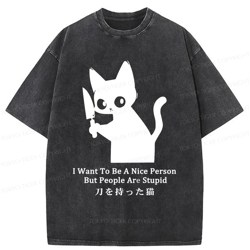Tokyo-Tiger Black Cat With A Knife Washed T-Shirt