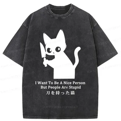 Tokyo-Tiger Black Cat With A Knife Washed T-Shirt