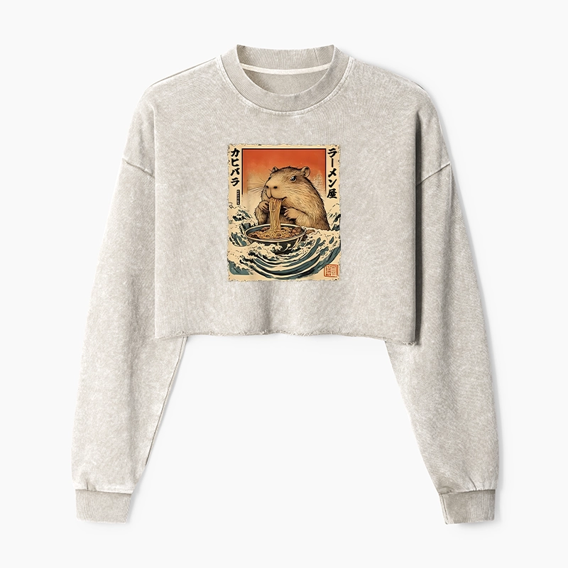Tokyo-Tiger Hamster Eating Ramen Washed Crop Sweatshirt