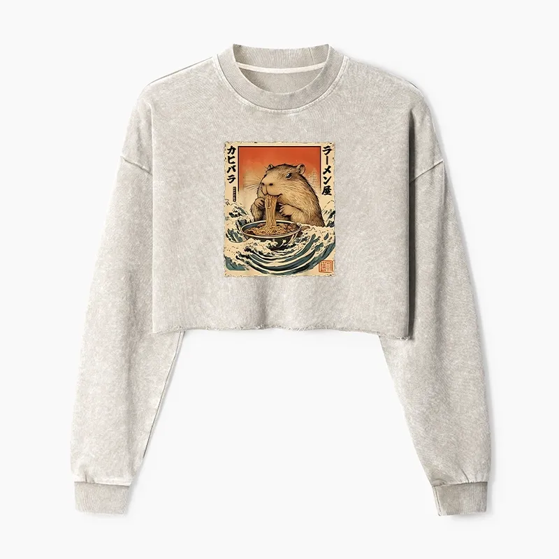 Tokyo-Tiger Hamster Eating Ramen Washed Crop Sweatshirt