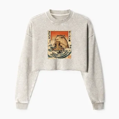 Tokyo-Tiger Hamster Eating Ramen Washed Crop Sweatshirt