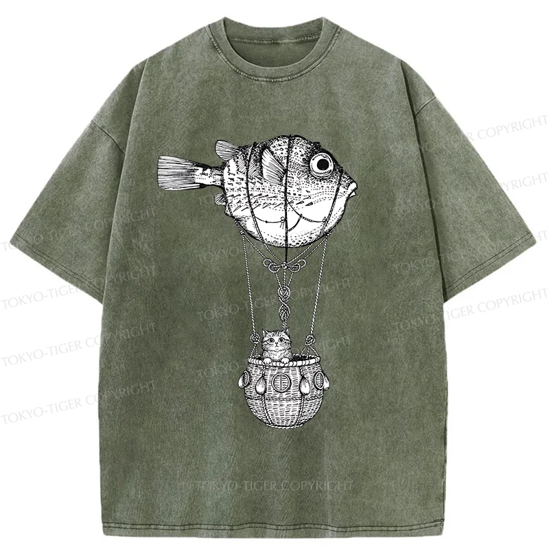 Tokyo-Tiger Pufferfish Motorboat Washed T-Shirt