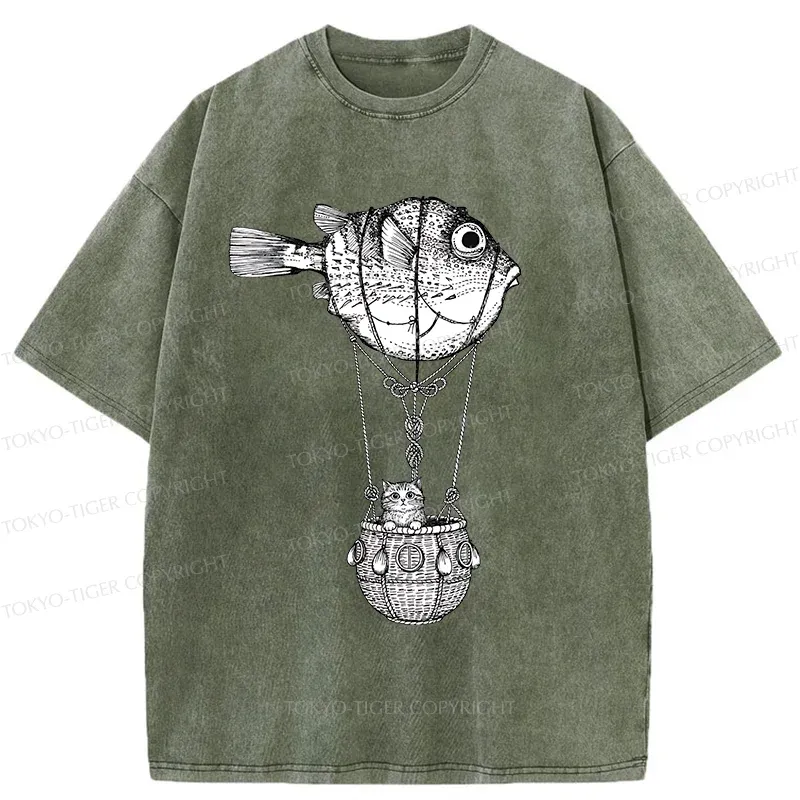 Tokyo-Tiger Pufferfish Motorboat Washed T-Shirt