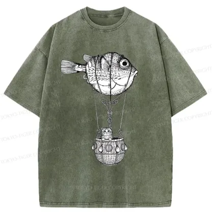 Tokyo-Tiger Pufferfish Motorboat Washed T-Shirt
