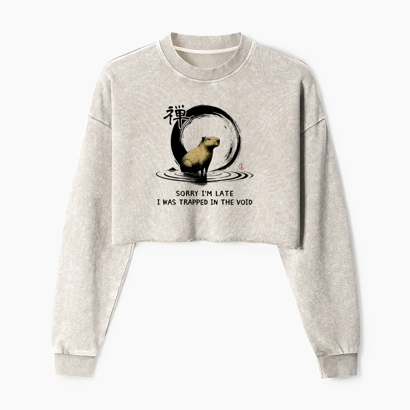 Tokyo-Tiger Zen Capybara Was Trapped In The Void Washed Crop Sweatshirt