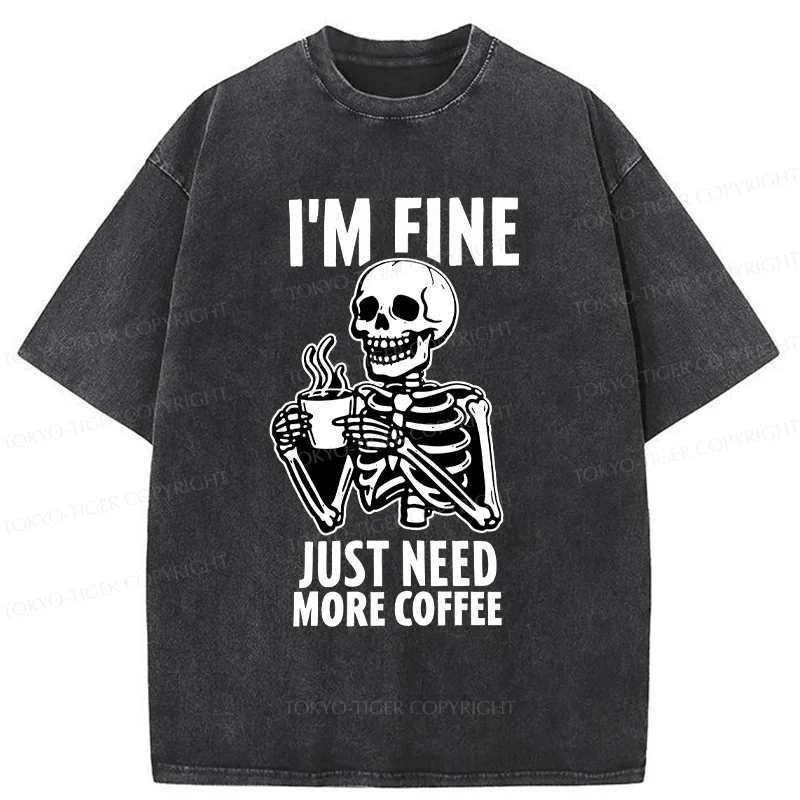 Tokyo-Tiger Skeleton Drinking Coffee Washed T-Shirt