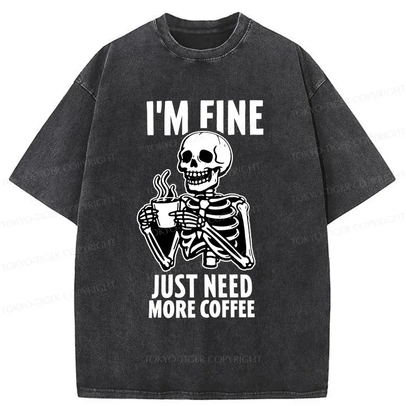 Tokyo-Tiger Skeleton Drinking Coffee Washed T-Shirt