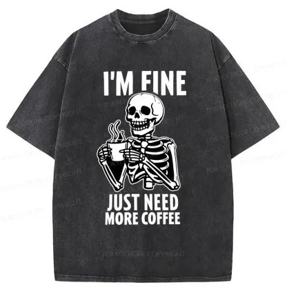 Tokyo-Tiger Skeleton Drinking Coffee Washed T-Shirt