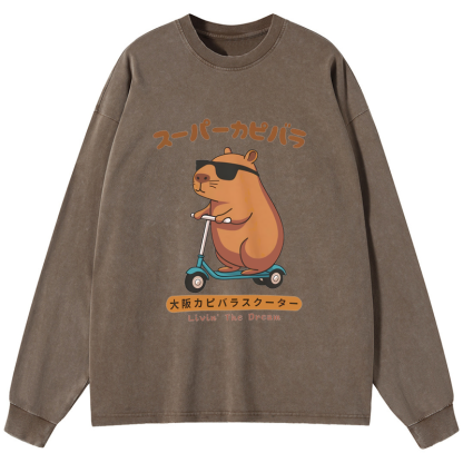 Tokyo-Tiger Osaka Capybara Scooter Washed Long Sleeve T-Shirt