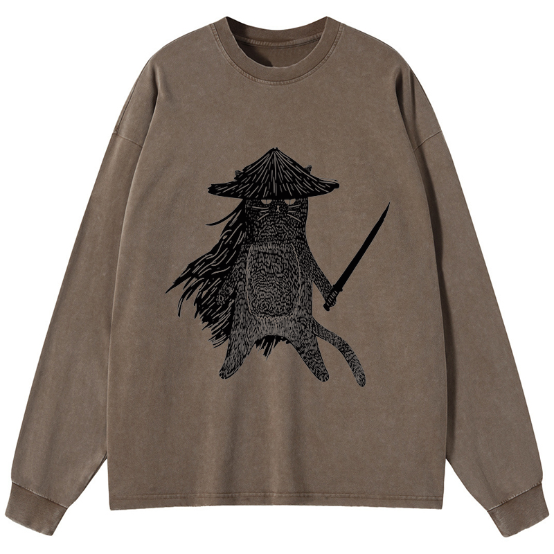 Tokyo-Tiger Japanese Samurai Cat Washed Long Sleeve T-Shirt