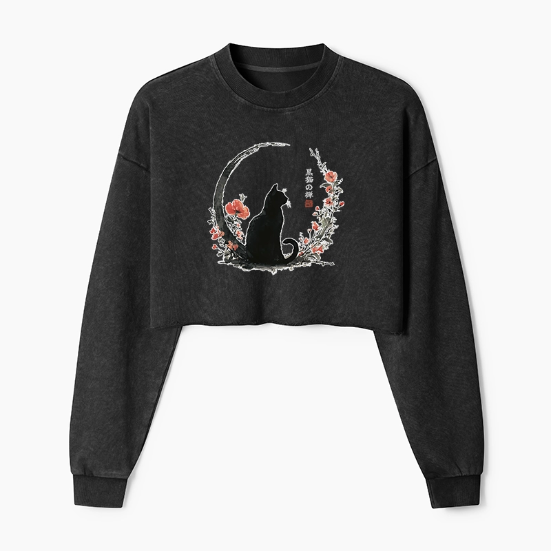 Tokyo-Tiger Black Cat And Flowers Washed Crop Sweatshirt