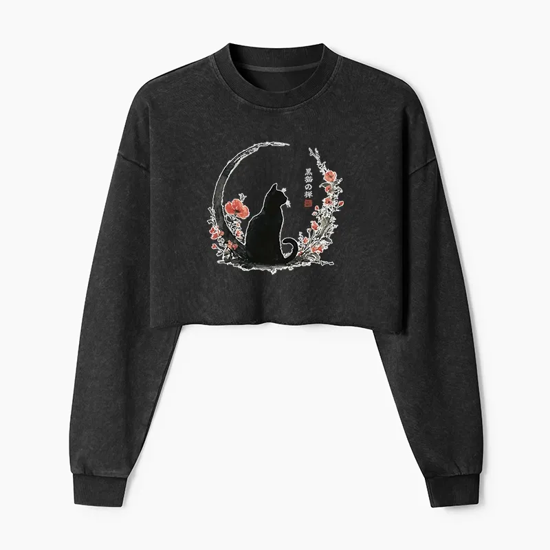 Tokyo-Tiger Black Cat And Flowers Washed Crop Sweatshirt