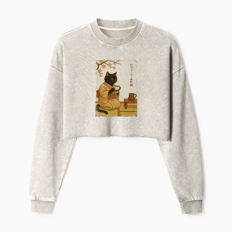 Tokyo-Tiger Cat Heart Full Of Coffee Washed Crop Sweatshirt