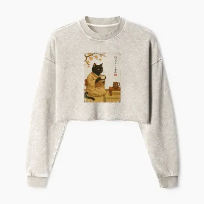 Tokyo-Tiger Cat Heart Full Of Coffee Washed Crop Sweatshirt