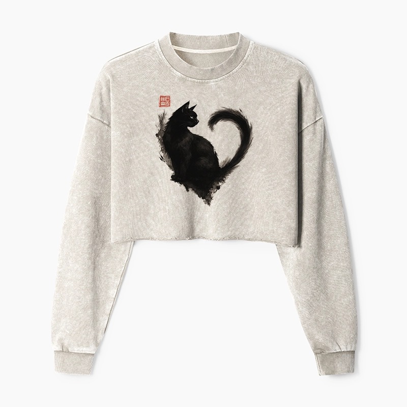 Tokyo-Tiger Funny Heart-Shaped Ink Cat Washed Crop Sweatshirt