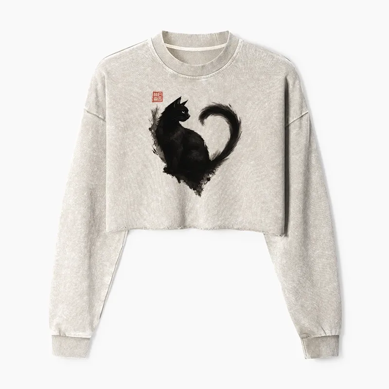 Tokyo-Tiger Funny Heart-Shaped Ink Cat Washed Crop Sweatshirt