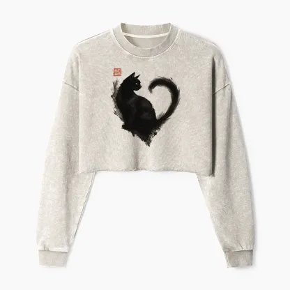 Tokyo-Tiger Funny Heart-Shaped Ink Cat Washed Crop Sweatshirt