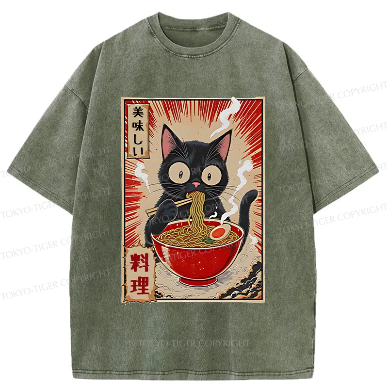 Tokyo-Tiger Black Cat Eating Ramen Comic Washed T-Shirt