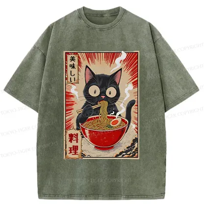 Tokyo-Tiger Black Cat Eating Ramen Comic Washed T-Shirt