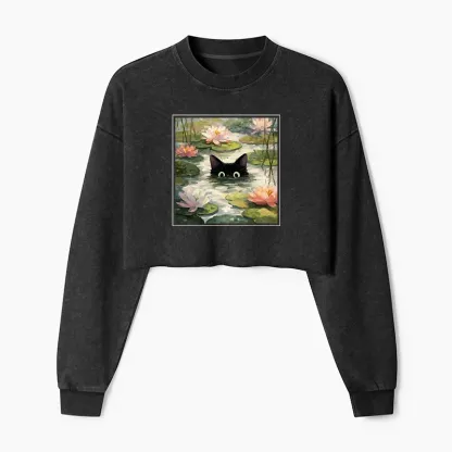Tokyo-Tiger Black Cat and Lotus Flower Washed Crop Sweatshirt