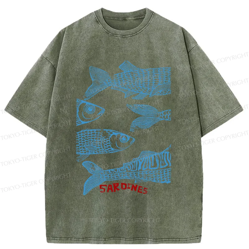 Tokyo-Tiger Sardine Woodcut Washed T-Shirt