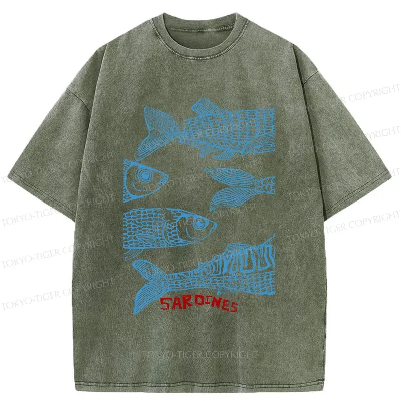 Tokyo-Tiger Sardine Woodcut Washed T-Shirt