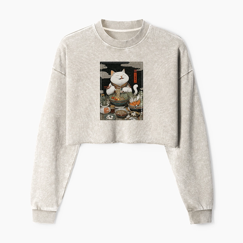 Tokyo-Tiger The Ramen-Loving Cat Washed Crop Sweatshirt