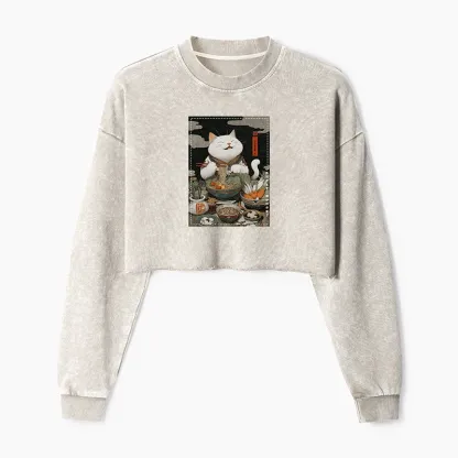 Tokyo-Tiger The Ramen-Loving Cat Washed Crop Sweatshirt