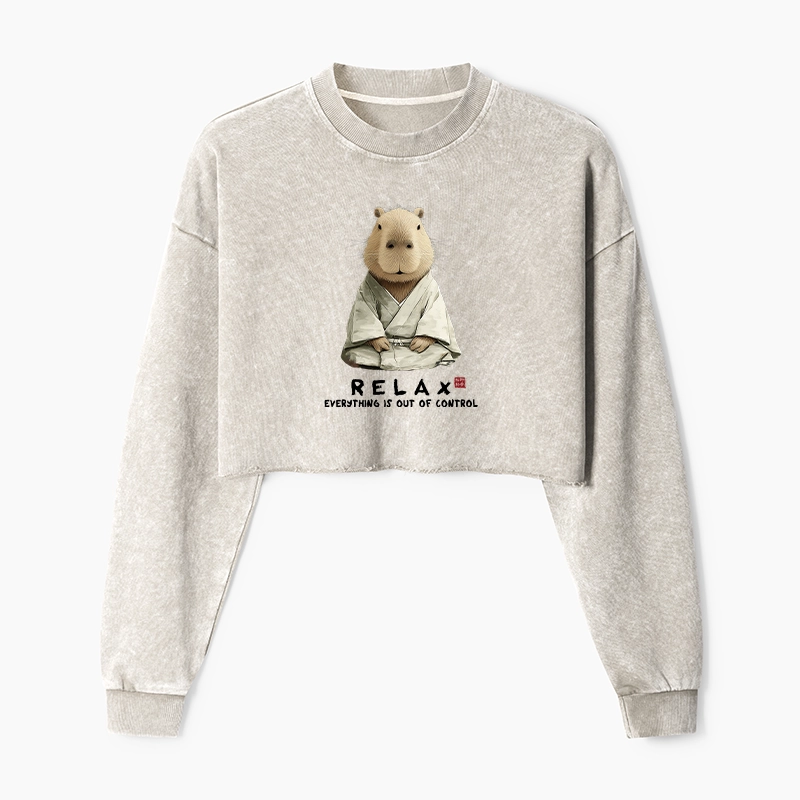 Tokyo-Tiger Zen Capybara：Relax, it's all chaos Washed Crop Sweatshirt
