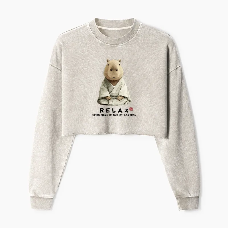 Tokyo-Tiger Zen Capybara：Relax, it's all chaos Washed Crop Sweatshirt