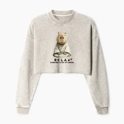 Tokyo-Tiger Zen Capybara：Relax, it's all chaos Washed Crop Sweatshirt