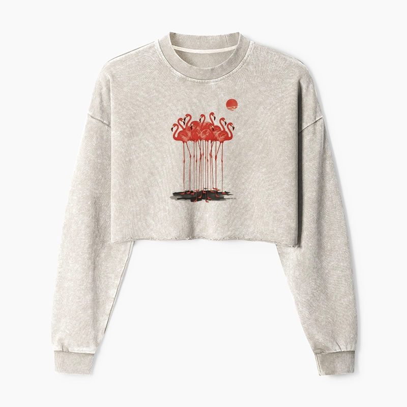 Tokyo-Tiger Flamingos at Dusk Washed Crop Sweatshirt