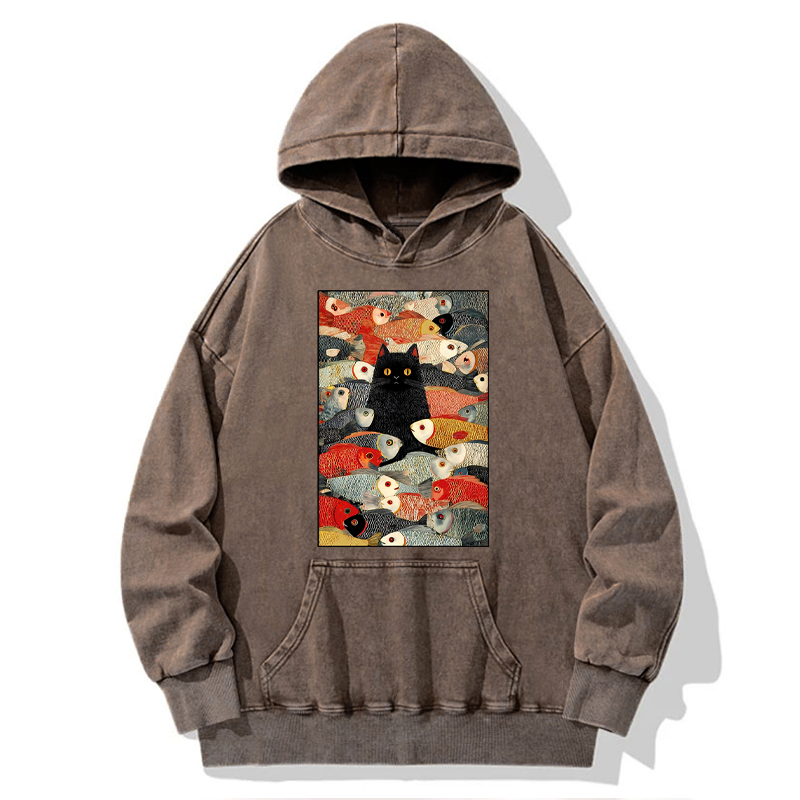 Tokyo-Tiger Cats And Fish Washed Hoodie