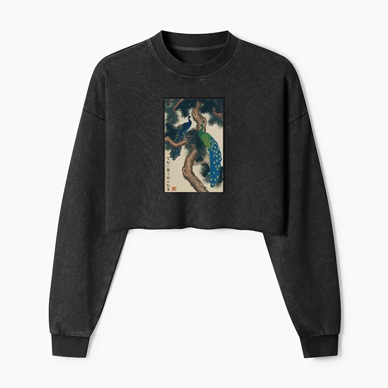 Tokyo-Tiger Peacocks in Snowy Pines Washed Crop Sweatshirt