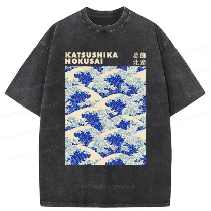 Tokyo-Tiger Ukiyo-e Wave Poster Washed T-Shirt