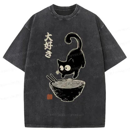 Tokyo-Tiger Retro Cat Eats Delicious Ramen Washed T-Shirt