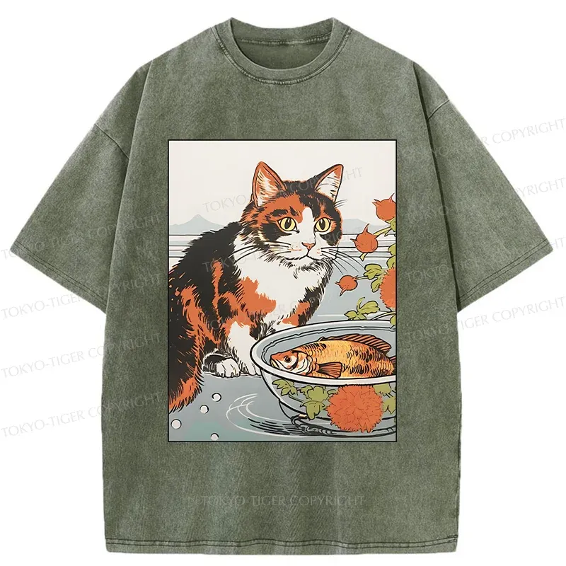 Tokyo-Tiger Cat Watching Koi Washed T-Shirt