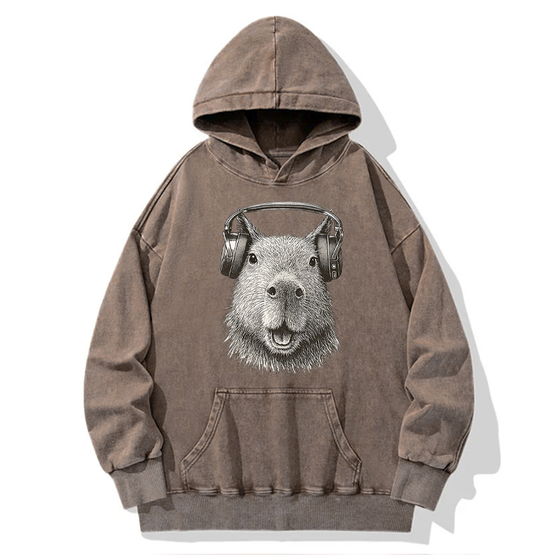Tokyo-Tiger Capybara Listening To Music Washed Hoodie