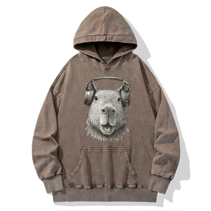 Tokyo-Tiger Capybara Listening To Music Washed Hoodie