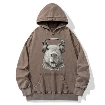 Tokyo-Tiger Capybara Listening To Music Washed Hoodie
